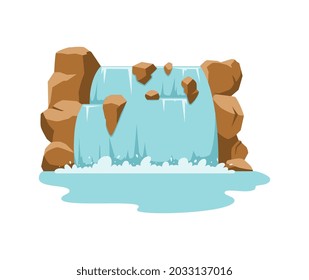 Waterfall , mountain river, water stream falling down from rock between stones. Element of nature landscape for game, web or travel scenery design. Flat vector isolated illustration