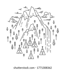 Waterfall in mountain with tepee camp. Line art circle banner isolated on white background. Emblem for natureal traveling