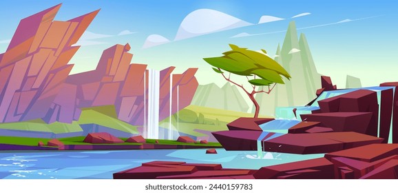 Waterfall in mountain valley. Vector cartoon illustration river water falling down stone cascade, green tree, bushes and grass on hills, rocky peaks on horizon, clouds in blue sky, beautiful scenery