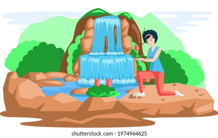 Waterfall in mountaines natural landscape in park. Female traveler enjoys beautiful nature and flowers. Tourist attraction of wonderful island in sea, place of visit, beautiful site for excursions