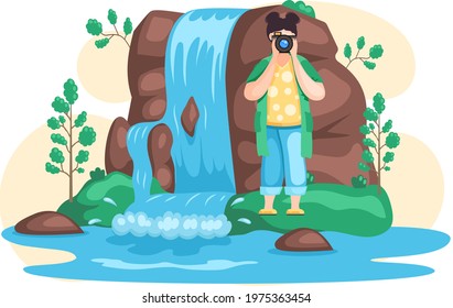 Waterfall in mountaines natural landscape in park. Traveler photographing water flow falls down mountain. Tourist attraction of wonderful island in sea, place of visit, beautiful site for excursions