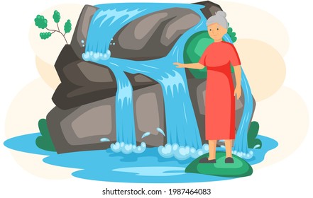 Waterfall in mountaines natural landscape in park. Adult woman traveler enjoys beautiful nature and plants. Tourist attraction of wonderful island in sea, place of visit, nice site for excursions
