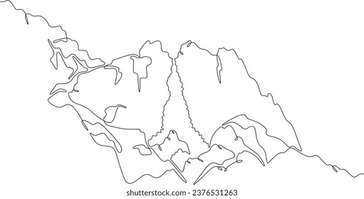 Waterfall in the mountains. Beautiful mountain waterfall. Rocky landscape. One continuous line. Linear. Hand drawn, white background