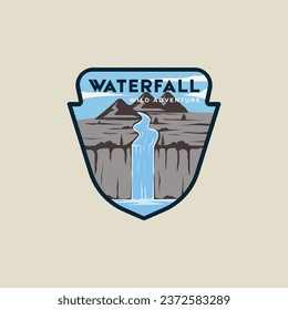 waterfall at mountains emblem vector illustration template graphic design. beautiful landscaped banner and sign badge label for travel and tourism business concept