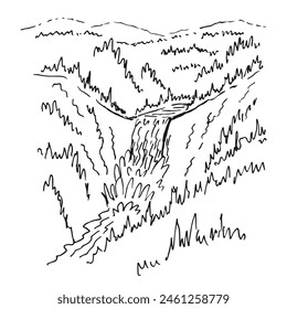 Waterfall in mountains. Hand drawn vector illustration.