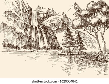 Waterfall in the mountains landscape