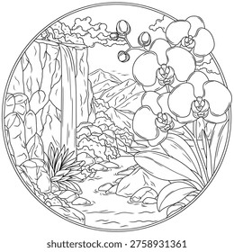 Waterfall, mountains and orchids in round frame.Coloring book antistress for children and adults. Illustration isolated on white background.A simple drawing.Hand draw