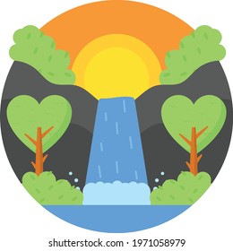 Waterfall, Mountains with Tree Concept, Sunset behind hills Vector Color Icon Design, Nature Lover Symbol, Heart in nature Stock illustration, Beautiful Landscape scenery Ideas in Round Shape,