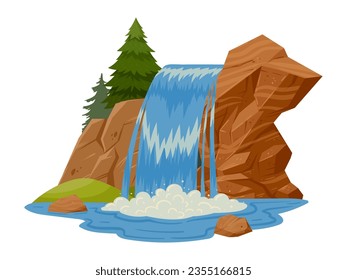 Waterfall with mountains and trees. Cartoon waterfall landscape, wild nature streaming water cascade flat vector illustration. Mountain river waterfall