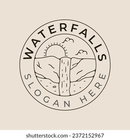 waterfall national park line art logo vector with emblem illustration template design