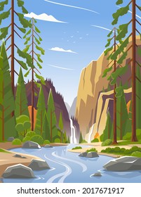 Waterfall in a national park in the United States. Landscape of a forest in a park. Panorama of a river and forest in a national park in Canada. Beautiful landscape. Vector illustration. EPS 10