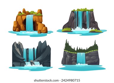 Conjunto de elementos de naturaleza de cascada de ilustración vectorial de dibujos animados aislados sobre fondo blanco. Colección de cascadas de agua o cascadas para el paisaje de los juegos.