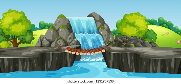 Waterfall in nature landscape illustration