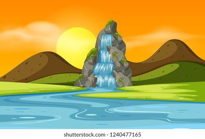 Waterfall in nature landscape illustration