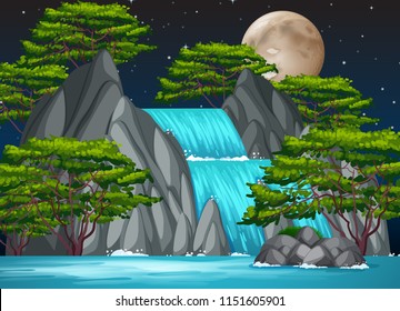 A waterfall at night  illustration