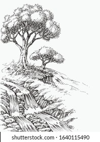 Waterfall and olive trees landscape vector hand drawing