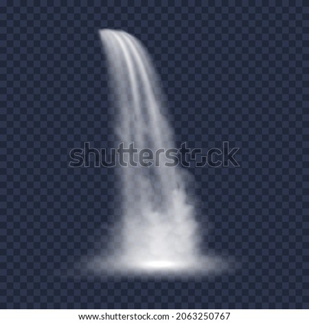 Waterfall on blue background. Falling river water or mountain fall, cascade aqua stream. Realistic hill fountain scene. Nature and flow. 3d vector illustration