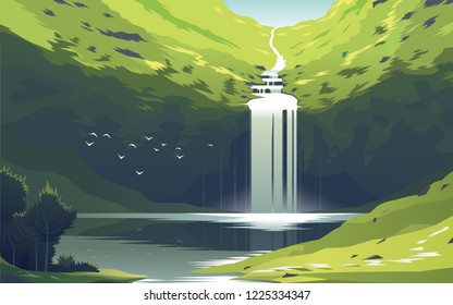 Waterfall on a lake in the wild. A beautiful wild waterfall in nature. Illustration of falling water. Falling river water or mountain waterfall. Lake in the mountains. Presage of nature and water flow