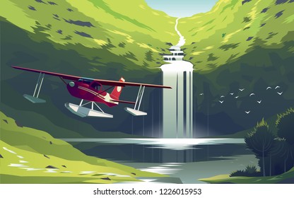 Waterfall on lake in wilderness. Beautiful wild waterfall in nature. Illustration of falling water. Tourist plane taking off, flying over nature. Fluttering sampler over lake. Lake in the mountains