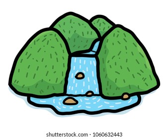 waterfall on mountain / cartoon vector and illustration, hand drawn style, isolated on white background.
