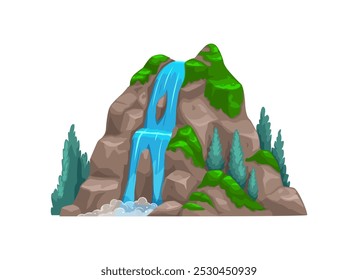 Cascada en la montaña para la selva, el paisaje y el entorno prehistórico de la era del dinosaurio, activo del juego del Vector. Cascada de dibujos animados o cascada de agua de río en la montaña y la corriente de agua para la escena de la naturaleza del juego