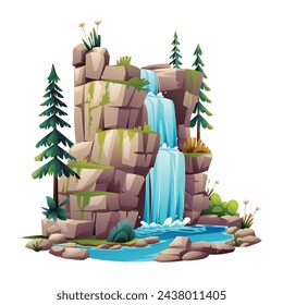 Waterfall on mountain rocks illustration. Vector cartoon isolated on white background