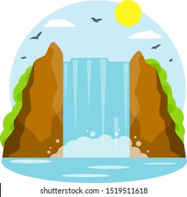 Waterfall on the mountain. Rocks and water. Tropical island. Pond and lake. Water falls down. Summer season, sky and birds. Southern landscape. Cartoon flat illustration