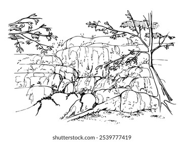 Waterfall on rock boulders with trees, flowing water stream, drops pond, stone wall. Hand drawn ink vector illustration, isolated scenic landscape. Design travel, vacation, brochure, nature tours