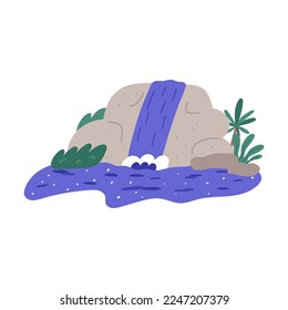 Waterfall on rocky cascade with palm trees, cartoon flat vector illustration isolated on white background. Cute waterfall in jungles, hand drawn drawing.