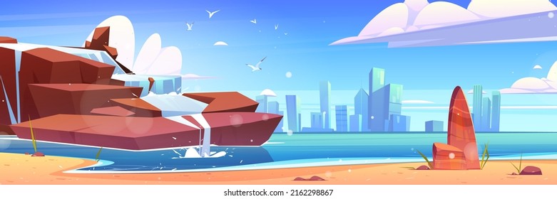 Waterfall on sea beach and city buildings on skyline. Vector cartoon illustration of summer seascape with water falling from rocks, sand shore and town skyscrapers on island on skyline