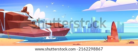 Waterfall on sea beach and city buildings on skyline. Vector cartoon illustration of summer seascape with water falling from rocks, sand shore and town skyscrapers on island on skyline