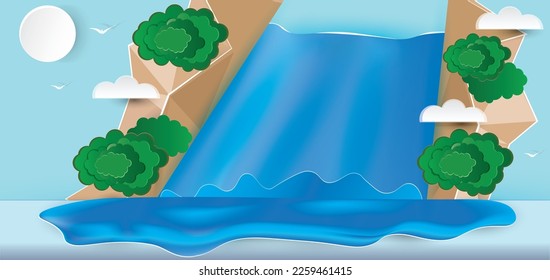 Waterfall on steep rocky stream  with water splash, sun, clouds, birds, and trees. paper art. Vector illustration.