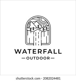 waterfall outdoor logo line art vector illustration template icon graphic design. simple minimalist of nature and adventure logo with badge emblem