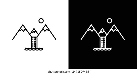 Waterfall outlined icon set in black and white colors