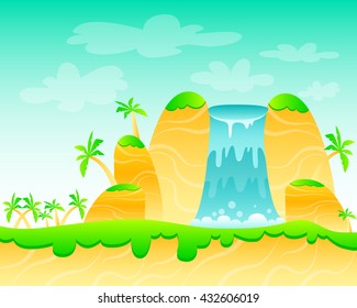 Waterfall and palm trees. Game Design. Vector illustration