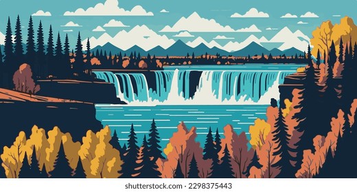 Panorama de cascada, panorama de la naturaleza, ilustración de vector plana de cascada