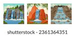 Waterfall posters. Cartoon mountain river waterfall landscapes. Streaming water cascade scenery flat vector illustration set