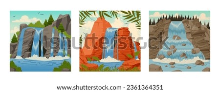 Waterfall posters. Cartoon mountain river waterfall landscapes. Streaming water cascade scenery flat vector illustration set