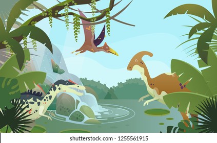 Waterfall with prehistoric parasaurolophus, spinosaurus or allosaurus, pterodactyloidea. Ancient nature and animals. Stream at jungle with ancient lizard or extinct reptile. Wildlife and jungle