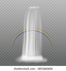 Waterfall and rainbow isolated on transparent background - realistic white water stream with splash mist and colorful arc. Vector illustration.