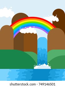 Waterfall and rainbow landscape. Nature background. Mountains and meadows. Natural Pure Water. Rivers and Water falls. Vector illustration