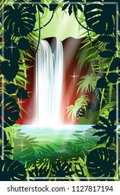 Waterfall in the rainforest. Handmade drawing vector illustration.
