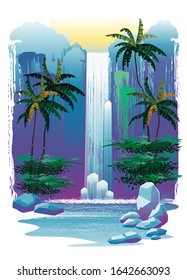 Waterfall in the rainforest. Vector illustration.