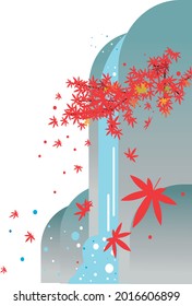 Waterfall with red leaves, Japanese background illustration of autumn
