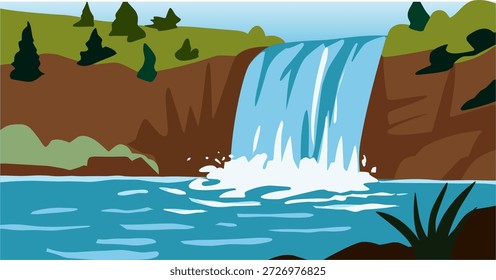 Cascada de río en estilo plano para el diseño del paisaje de la naturaleza. Ideal para fondo de viaje, póster ecológico, contenido de aventura e ilustraciones digitales.