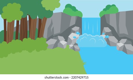 Waterfall and river, illustration, vector, cartoon