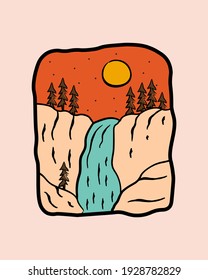waterfall and rock designs, vector illustrations, badges, pins, t-shirt art,