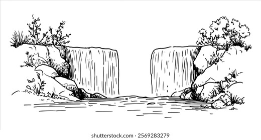 waterfall with rocks and bushes in nature hand drawn doodle sketch