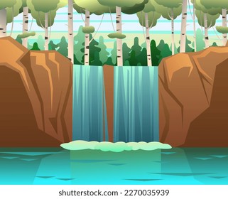 Waterfall in rocks. Coniferous thickets and birch grove. Landscape with rocks and river among stones. Water is flowing. Splashes are pouring. Cartoon fun style. Flat design. Vector.