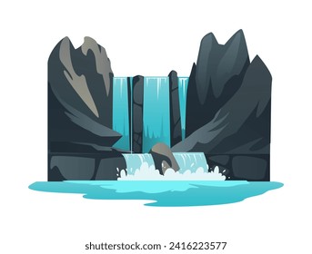 Cascada en rocas fragmento de paisaje para proyectos de diseño y elemento de paisaje de juego, ilustración vectorial plana aislada en fondo blanco. Río de agua de cascada.